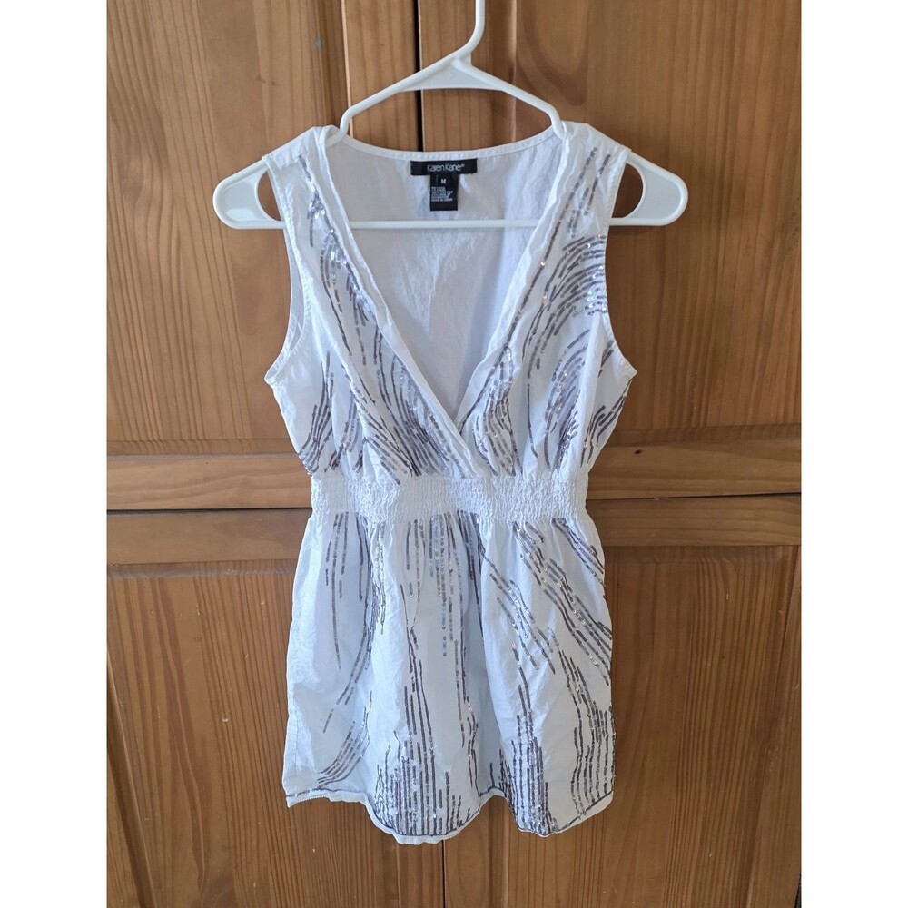 Karen Kane Top Womens M White Sleeveless Cotton V Neck Tunic With Silver Sequins